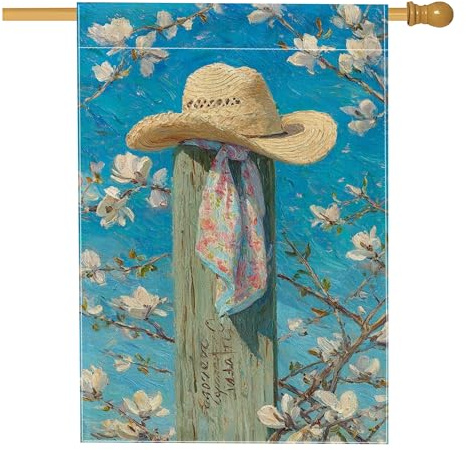 Frühlingssommer-Gartenflagge mit Strohhut, blaue Blumen-Magnolie, für den Außenbereich, Heimdekoration, Banner, doppelseitig, Jute, Rasendekoration, 71,1 x 101,6 cm