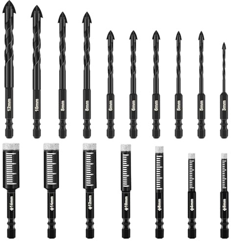 Porcelain Tile Drill Bit Set, 7Pcs Diamond Drill Bits 5/6/8/10/12/14/16mm 10Pcs Masonry Drill Bits 3/5/6/8/10/12mm Hex Shank Diamond Hole Saw Kit for Drilling Granite Ceramic Marble Stone(Black)