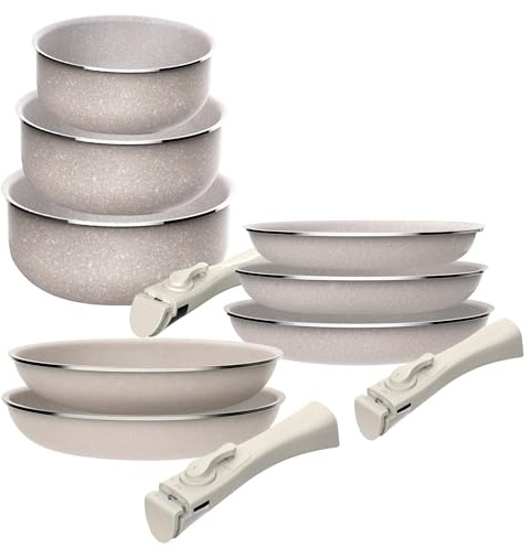 Juego de 8 pcs: 5 sartenes Ø18Ø20Ø24cm(x2) Ø28cm y 3 Cacerolas Ø16Ø18Ø20cm en aluminio prensado con revestimiento ILAG con 2 mangos extraibles