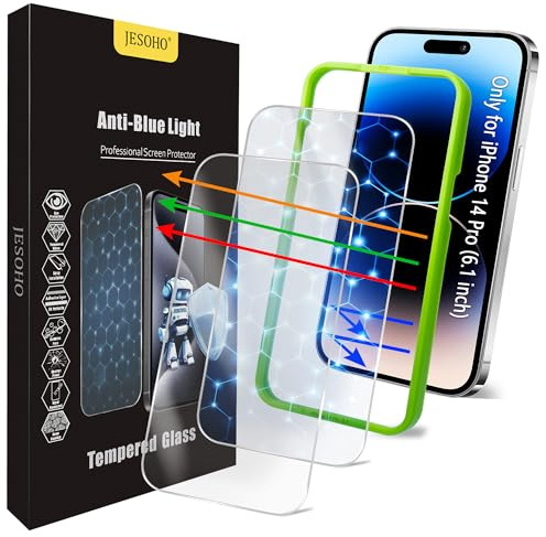 JESOHO Pellicola protettiva per iPhone 14 Pro [6,1 pollici], incolore, anti-luce blu, pellicola in vetro temperato, trasparente HD, durezza 9H, senza bolle, compatibile con custodie, confezione da 2