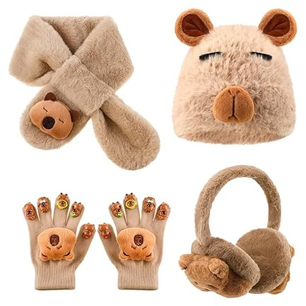 Zosutetoxo 4 delar barnmössa och halsduk set för flickor med handskar, mysig capybara-design för varm vinter, andningsbar, idealisk gåva