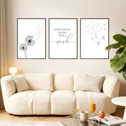 Wandbild 3er Set Leinwandbild Moderne Wanddeko – Dandelion oder Paar Motiv Schwarz Weiß Poster – Wohnzimmer Schlafzimmer Büro Café Minimalistische Wanddekoration ohne Rahmen, ohne Rahmen(30x40cm)