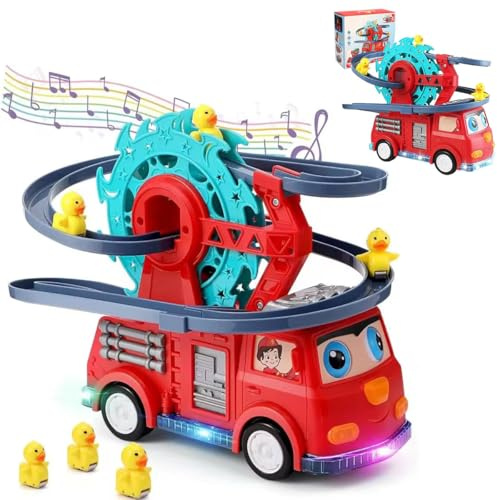 Feuerwehr Entenrutsche Spielauto,Feuerwehr Auto mit Entenrutsche,LED-Feuerwehrauto-Spielzeug,Elektrischer Feuerwehrauto Rutsche Spielzeug mit Licht und Musik für Jungen und Mädchen (Wiederaufladbar)