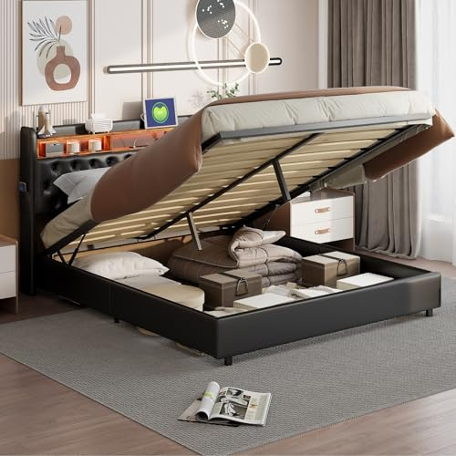 Säng 180 x 200 cm med förvaringsutrymme, dubbelsäng med lastpelare och LED-sänggavel, ungdomssäng, förvaringssäng med öppet förvaringsfack och sidofickor, hydraulisk boxhoppsäng, sängram, PU svart