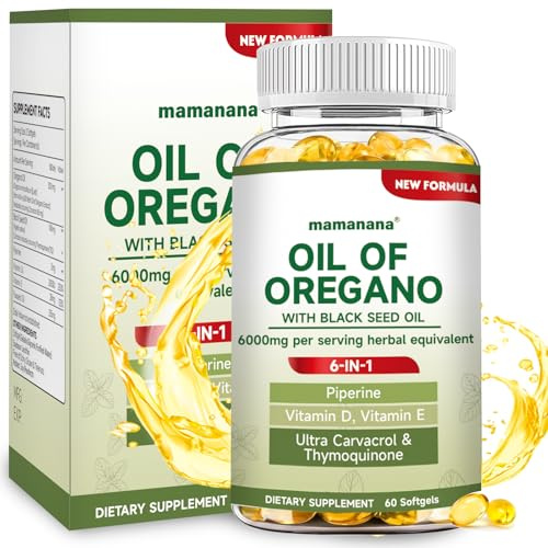 Oil of Oregano with Black Seed Oil Softgels, 6 in 1 Oregano Oil Capsules Organic 6000mg High Potency Carvacrol&Thymoquinone, Digestive Health Immune Support Herbal Supplement - Non GMO -60 Capsules