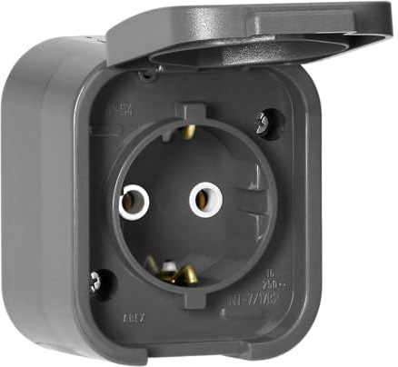 Miratic Enchufe Pared 2P+T Resistente A Salpicaduras IP54 Enchufe Superficie Con Tapa Protectora Robusta para Garajes Talleres e Instalaciones Industriales (Gris)
