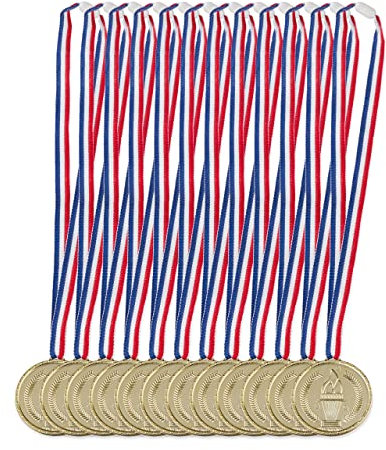 Relaxdays Goldmedaille Kinder 12er Set, Band, Fackel, Auszeichnung für Siegerehrung, Medaillenset, 5 cm Ø, Plastik, Gold