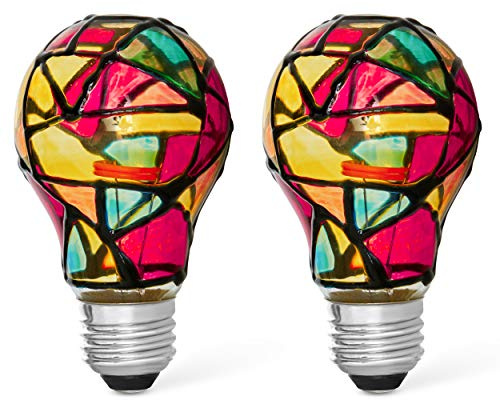 2 Pack LED Stained Glass Light Bulb A19 2W (25W Equivalent) E26 Base Painted Night Light Mosaic Party Light Bulb Stainglass - Tiffany Atained Glass