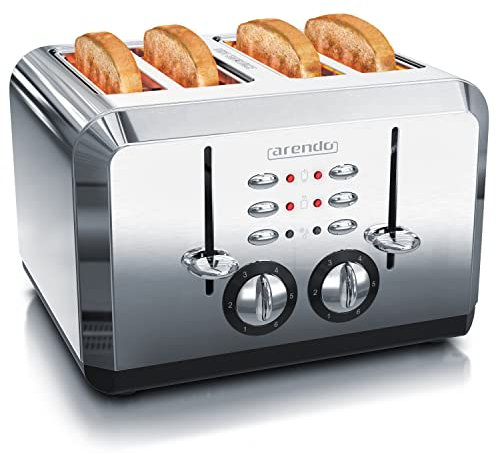 Arendo - Automatik Toaster 4 Scheiben in Edelstahl - bis zu vier Sandwich und Toast-Scheiben - Bräunungsgrad 1-6 - Aufwärm- und Auftaufunktion - Krümelschublade - 1630 Watt - GS zertifiziert