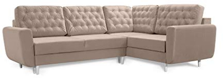 Robin Inspire Linda Ecksofa Schlafsofa Beige Rechts | 250 cm L-Form Schlafsofa, 4-Sitzer, 2 Bettkästen, 5 Kissen, freistehende Eckcouch, Samtstoff, Wohnzimmer, Links