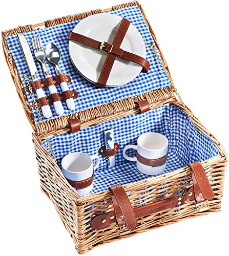 Kobolo Picknickkorb Picknickkoffer -für 2 Personen- Weide - kariert blau - 36x27x18 cm