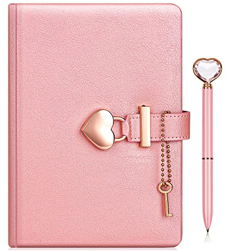 fengco Tagebuch mit Schloss und Schlüssel PLUS Herz-Diamant-Stift,A5 Journal Notebook mit Herz Vorhängeschloss PU Leder,Notizbuch Abschließbares,Mädchen Kinder Geburtstag Geschenk