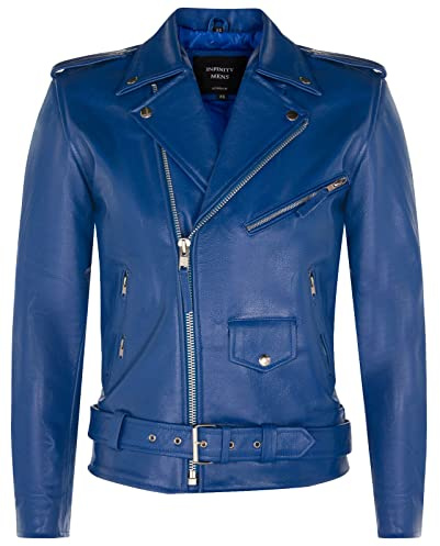Men's Leather Blue Brando Biker Jacket Rock Motorcycle Retro Hide Biker Jacket M