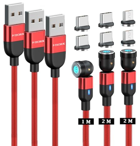 P-TECHUK 540° Fast Charging Magnetic data Cable, Magnetic Charging Cable. Mixed connectors - A17 Red (1M 2M 2M Cables, 6 tips)
