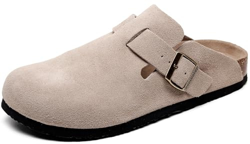 guoluofei Zoccoli da Donna in Vera Pelle Scamosciata e Pelle con Supporto per L'Arco, Plantare in Sughero Morbido, Memory Foam, Fibbia Regolabile, Sandali per Patate comode
