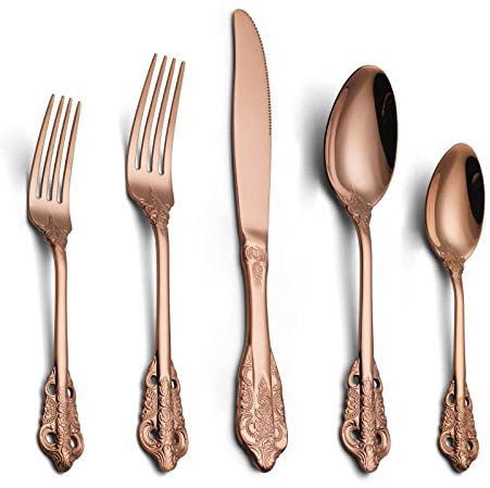 Besteck für 12 Personen, ESSONIO 60-teiliges Messer-, Gabel- und Löffel-Set, elegantes Life-Geschirr-Set, luxuriöses Besteck, spülmaschinenfestes Besteck, kupferfarben