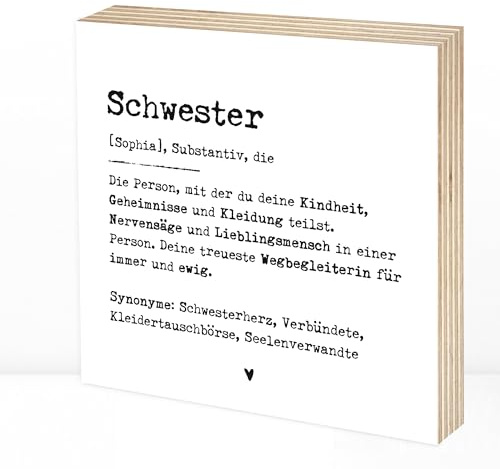 Wunderpixel® personalisiertes Holzbild Definition Schwester Geschenk - 15x15x2cm zum Hinstellen/Aufhängen, echter Fotodruck mit Spruch auf Holz - schwarz-weißes Wand-Bild Aufsteller Dekoration