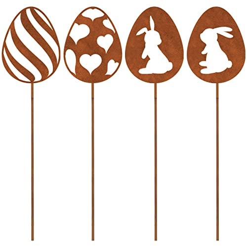 ALEMIN Oeufs de Pâques rouillés, 4 Œufs de Pâques Décoration de Jardin en métal, Patine Rouille Naturelle.