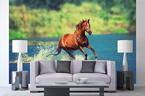 Vlies Fototapete PFERD LÄUFT ÜBER DEN SEE 375 x 250 cm (inkl. Kleister) - Vlies Tapete, Wandtapete, Wandbilder - Tapete für Wohnzimmer Schlafzimmer, Büro, Küche - Montagefertig
