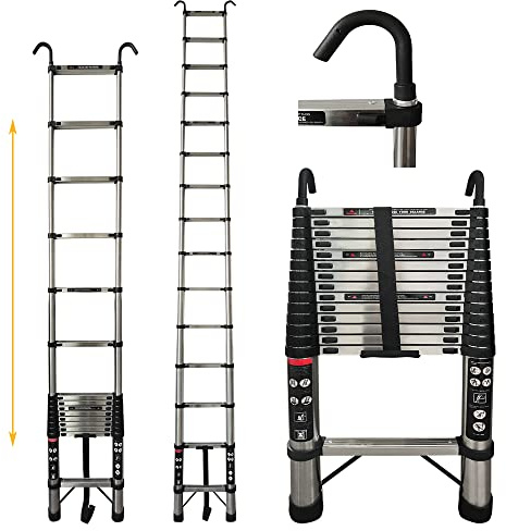 4.4M Heavy Duty Telescopic Ladders with Hooks, Multi-Purpose Folding Ladder 14 Steps Stainless Steel Telescoping Extension Ladders, for Indoor Outdoor Roof Work Decoration, Max Load 330Lb