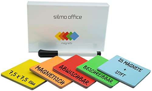 SILMO Magnetstreifen 25 Stück 7,5x7,5 cm - Magnetkarten selbstklebend - Wiederverwendbare Magnetschilder stark haftend - abwischbares Magnetkleber für Whiteboard & Büro - selbst zuschneidbar