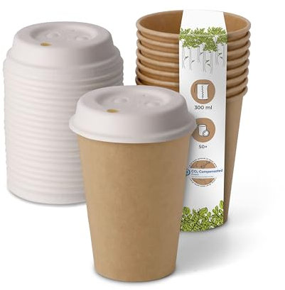BIOZOYG Bicchieri Monouso Compostabili Bio con coperchio di carta I Bicchieri Usa e Getta Bicchieri di Carta I 50 Tazze di Cartone da Caffè da Asporto Marrone non Sbiancate 300 ml 12 oz