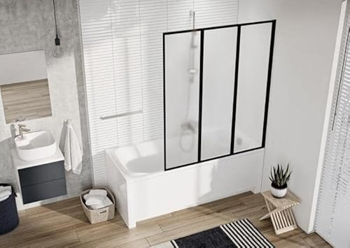 Faltwand Badewannenfaltwand Badewannenabtrennung Duschabtrennung Kunststoffglas Tropfendekor Edle Schwarze Profile 120cmx140cm BxH 3teilig Schwarz
