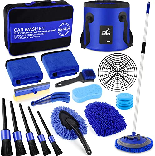 HORDALOR 21-teiliges Autowasch-Set, 157,5 cm, Autowaschbürsten-Mopp mit langem Griff, Auto-Reinigungsset, Auto-Detaillierungsbürsten-Set, Autowascheimer mit Schmutzfang,
