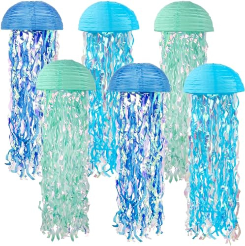 Quallen-Papierlaternen, hängende Quallen, Papierlaternen, 6 Packungen, blaue Hängelaterne für Meerjungfrau-Mottoparty unter dem Meer, Ozean, Geburtstagsdekorationen, Babyparty, Babyzimmer, 25,4 cm