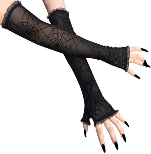Damhandskar med spindelnät, halloween spindelnät spets fingerlösa handskar, långa handskar för cosplay goth kostym, svart, En Storlek