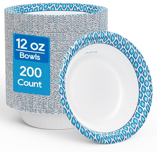 MUCHII 12 Oz Paper Bowls 200 Counts Disposable Bowls, Printed Soak Proof Small Bowls for Breakfast, Lunch, and Dinner Meals