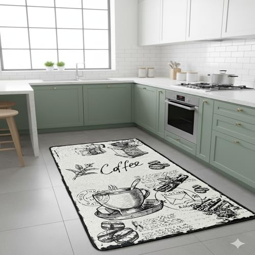 miqna Teppich Moderner Küchenteppich Gel Läufer Küchenläufer Grau Weiß Schwarz mit rutschfestem Bodenmuster mit Schriftzug Coffee Macchiato (Core Black, 100 x 200 cm)