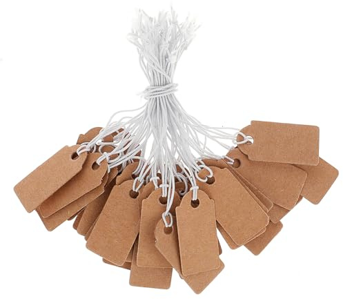 Dimeho 200 Stück Kleine Preisschilder, Schmuck-Preisschilder Geschenk Anhänger Hängeetiketten aus Kraftpapier mit Befestigtem Elastischem Faden Beschreibbare Markierungsetiketten (2,6 x 1,3 cm braun)