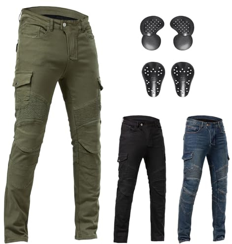 ForMTRider Pantalones Moto con Armadura CE Jeans para Moto y Bicicross, Ajuste Estilizado,Verde Militar,S=32W/30L