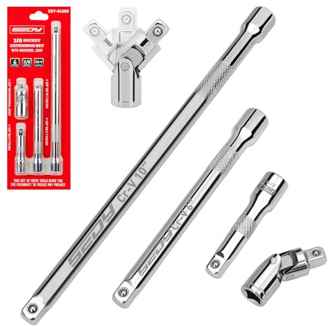 4-Piece 3/8 Drive Socket Extension Bar Set, Professional Socket Extension Set Include 3, 6, and 10 Inch Extensions and 3/8 Inch drive Universal Joint Sockets, Premium Cr-V Steel Construction