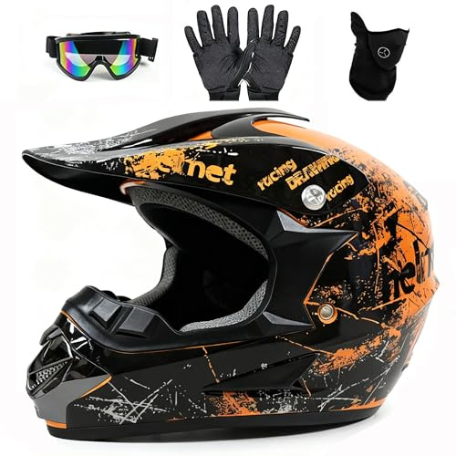 UIGJIOG Motocross Helmet,Youth ATV Dirt Bike Motorcycle Helmet, Full-Face Off Road Motorcycle Crash Helmet,BMX 4-Wheeler Off-Road Mountain Bike Helmet,With Gloves Goggles Mask,Orange,L(56~57cm)
