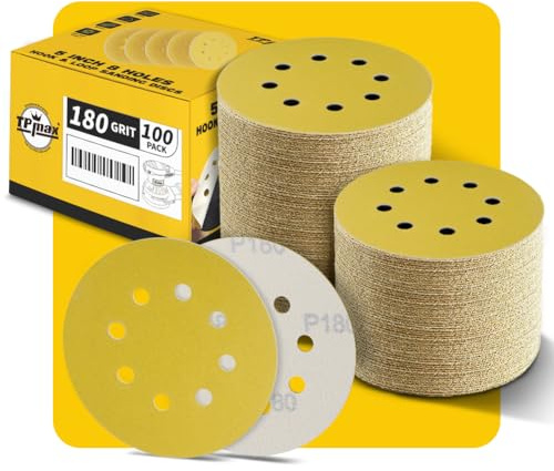 100 stycken 125 mm 8 håls slipskivor 180 korn – premium guld runt kardborreband för excenterslipmaskin – perfekt för trä, metall, bil