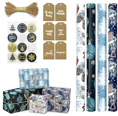 Geschenkpapier Weihnachten Rolle, Schwarz, Blau, 4 Rollen Set Weihnachtsgeschenkpapier, Weihnachtspapier Retro, Christmas Geschenkfolie Xmas Wrapping Paper Mit Aufkleber, Tags, Papierseilen 43*300cm
