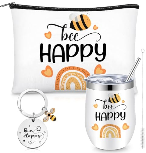Nuenen Bee Themed Gift Set for Women - 12 oz Stainless Steel Tumbler With Straw and Brush, Cosmetic Bag, Keychain for Bee Lovers - Christmas Birthday Gifts