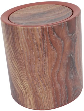 KOMBIUDA Boho Trash Can with Swing Lid, Imitated Wood Grain Plastic Garbage Can for Kitchen and Bedroom, Featuring Versatile Placement and Easy Disposal with Natural Ambiance