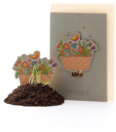Wachsende Frühlingskarte mit Blumenkorb-Motiv mit Saatgut | Besondere Grußkarte im Frühling oder zu Ostern mit Umschlag | Nachhaltige Klappkarte in DIN A6 für Frühlingsgrüße | Perfekte Osterkarte