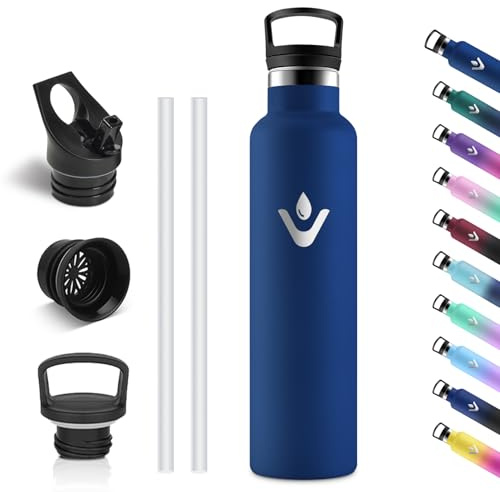 Vikastar Edelstahl Trinkflasche, Thermosflasche 1l, BPA-frei Trinkflasche, Thermosflasche mit Strohhalm, Trinkflaschee für Schule, Sport, Fahrrad, Camping, Dunkelblau