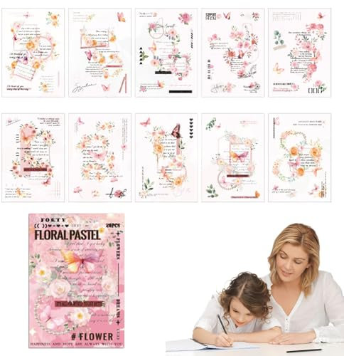 Generisch Blumenaufkleberbuch, Aufkleberbuch für Erwachsene - 20 Blätter Vintage Flowers Collage Sticker Book - Erwachsene Journaling Supplies, kreative Scrapbooking -Accessoires für Erwachsene