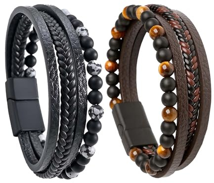 TREABEAR 2PCS Pulsera de Cuero Hombre Negro y Marrón con Ojo de Tigre, Personalizada de Piedra Natural 21cm