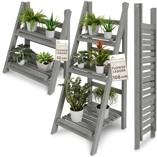 TTL HOME Blumenleiter Flower Ladder S+M Set grau - 2er Set 52 & 108 cm | - Leiterregal Blumentreppe Blumenregal Pflanzentreppe Kräuterregal für drinnen & draußen Balkon Terrasse Outdoor klappbar