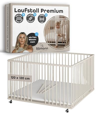 Sämann Laufstall Baby mit Matratze SleepPlus, Lattenrost und Schlupfsprossen | stufenlos höhenverstellbar | Laufgitter Premium | Babybett aus Holz | Krabbelgitter (sahara dust, 120x120 cm)