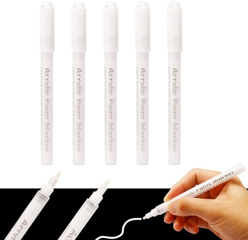 Nurila Acrylstifte Weiß, Acrylstifte für Steine Wasserfest, 5 Stück Permanent Marker Weiß, 0.7mm/3mm Acrylmarker, Acrylstift Wasserfest für Holz, Glas, Schuhe, Stoff, Kunststoff, Metall, Stein