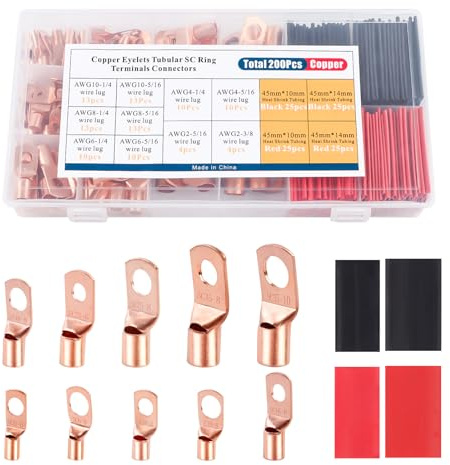 YUZES 200PCS Copper Wire Lugs AWG12 10 8 6 4 2 with Heat Shrink Set, Battery Cable Ends Ring Terminals Connectors, Crimp Terminals for Automotive, Marine, RV, Solar, Inverter & Audio Applications