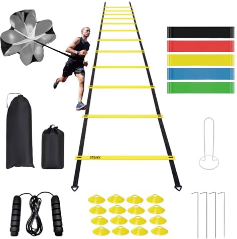 Échelle de coordination, équipement d'entraînement de vitesse, échelle de coordination de 26 pieds de long avec 16 échelons, 4 pointes en acier fixes, 5 bandes de résistance, 16 cônes de football