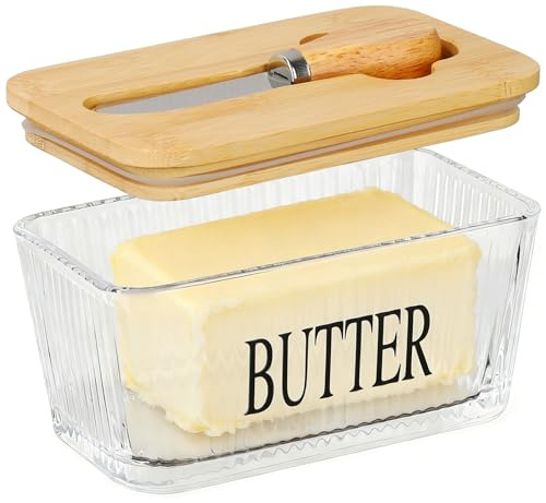 Mantequera de cristal con tapa de madera, 580 ml, con cuchillo de mantequilla, sin BPA, transparente para 250 g de mantequilla para el hogar y la cocina